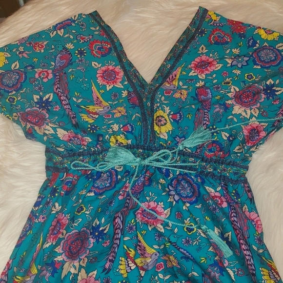 5โญ Artemis Lovebirds Teal Blue Floral & Bird Print Boho Maxi Dress - Picture 5 of 7